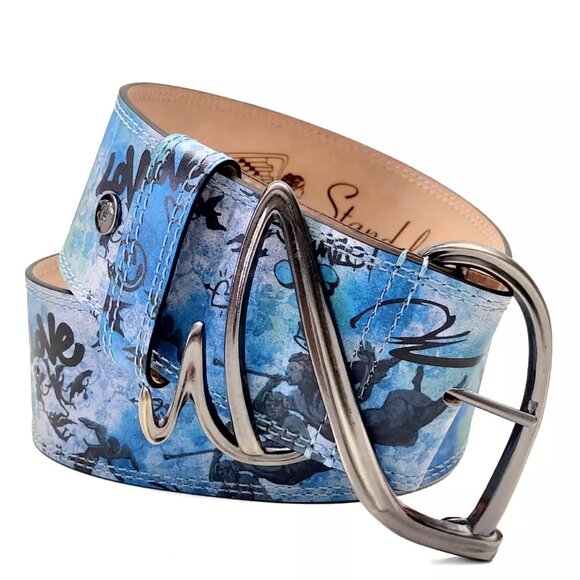 John Fluevog Accessories - John Fluevog Gawain Wide Waist Belt Blue Graffiti Leather Size 28 (0181)